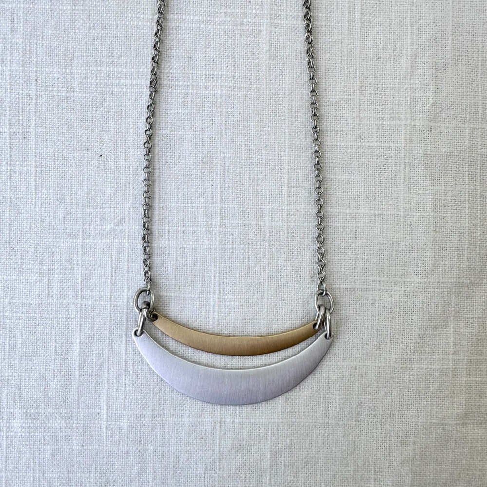 Lucky Brand Two‎ Tone Crescent Bib Necklace Mixed Metal Silver Gold Minimalist